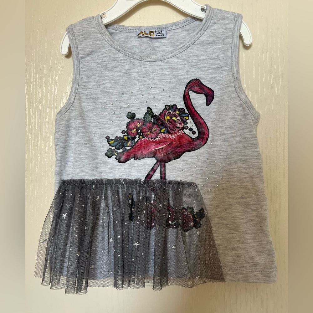 3/$10 Girls' Gray Flamingo Tank Top with Mesh Ruffle Size 4T